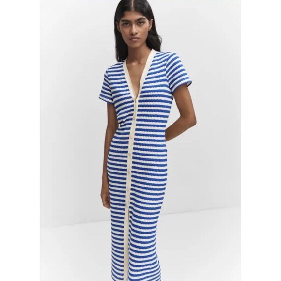 Mango Dresses & Skirts - MNG Mango Dress Womens US 6 Blue Ivory Striped Short Sleeve Stretch Button Down